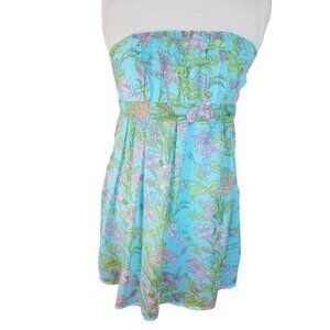 Y2K Blue Strapless Babydoll Tube Top Blue Floral Smocked Crinkly NWT Sz S/M